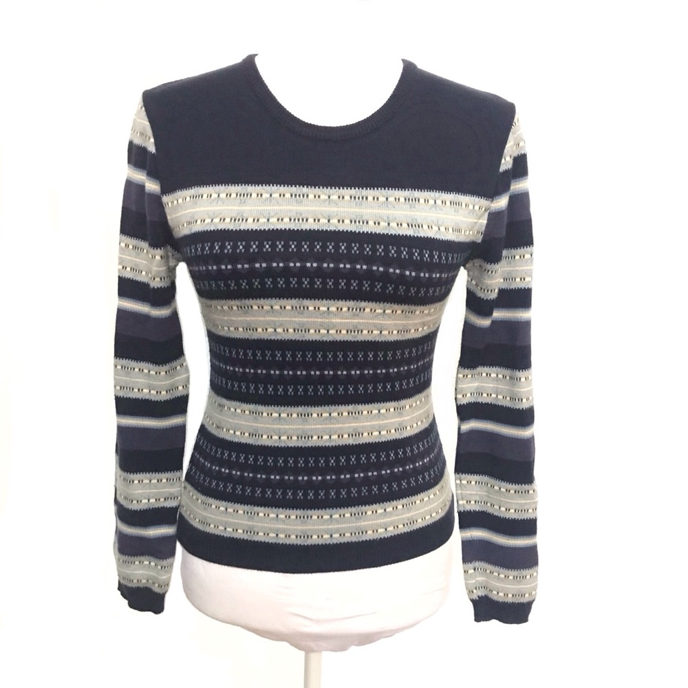 Vintage Limited Too blue tan striped print round crewneck pullover knit sweater